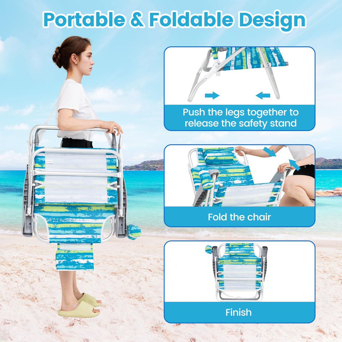 2Pcs Folding Camping Chair with Adjustable Backrest, Cup Holder & Headrest, Green J51574