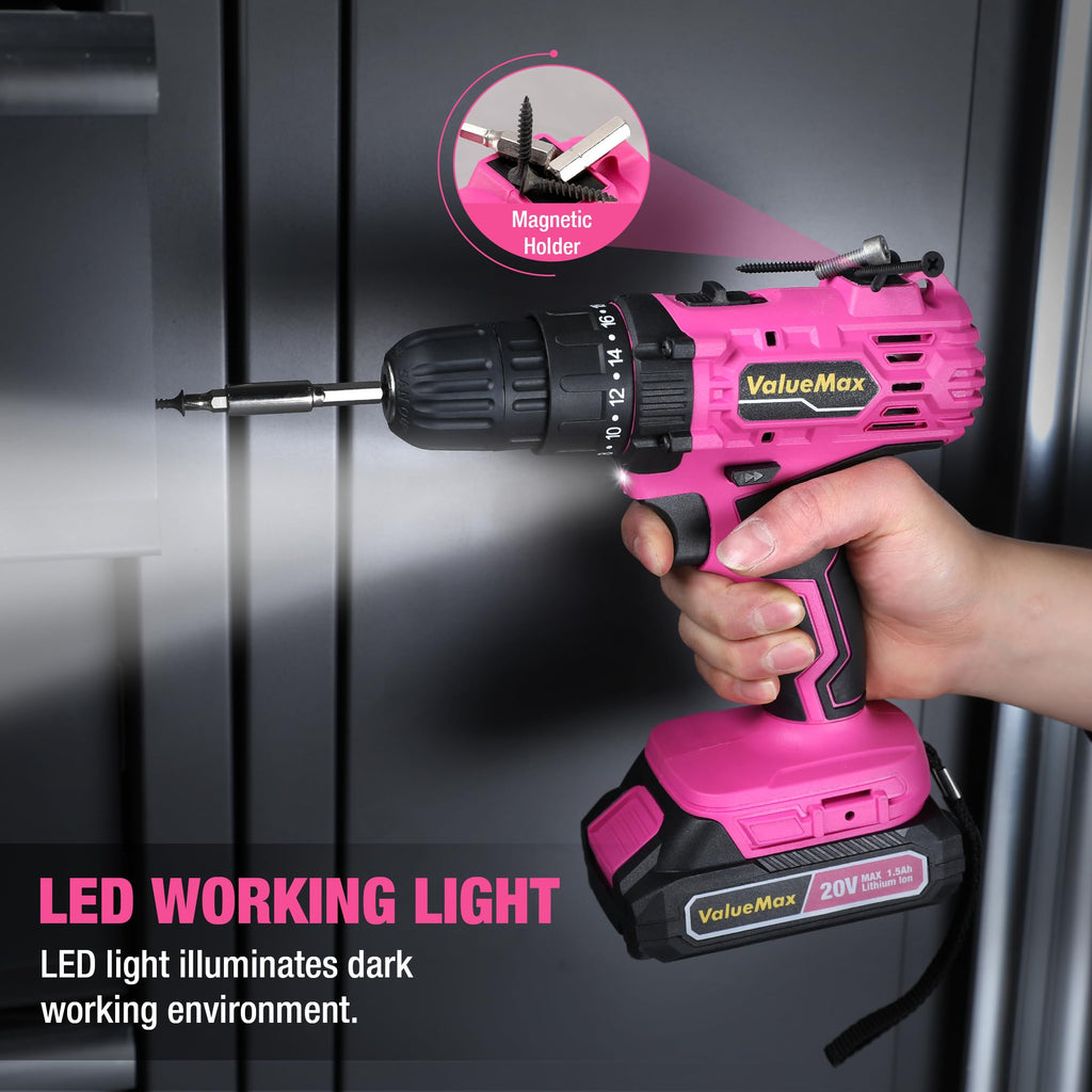 Pink 20V Cordless Drill Set with Battery and Charger Y813