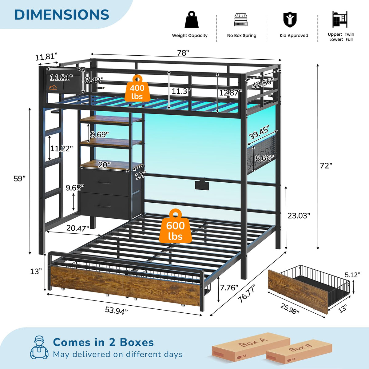 Black Twin Over Full Bunk Bed with Storage Drawers and Bookshelf L8012