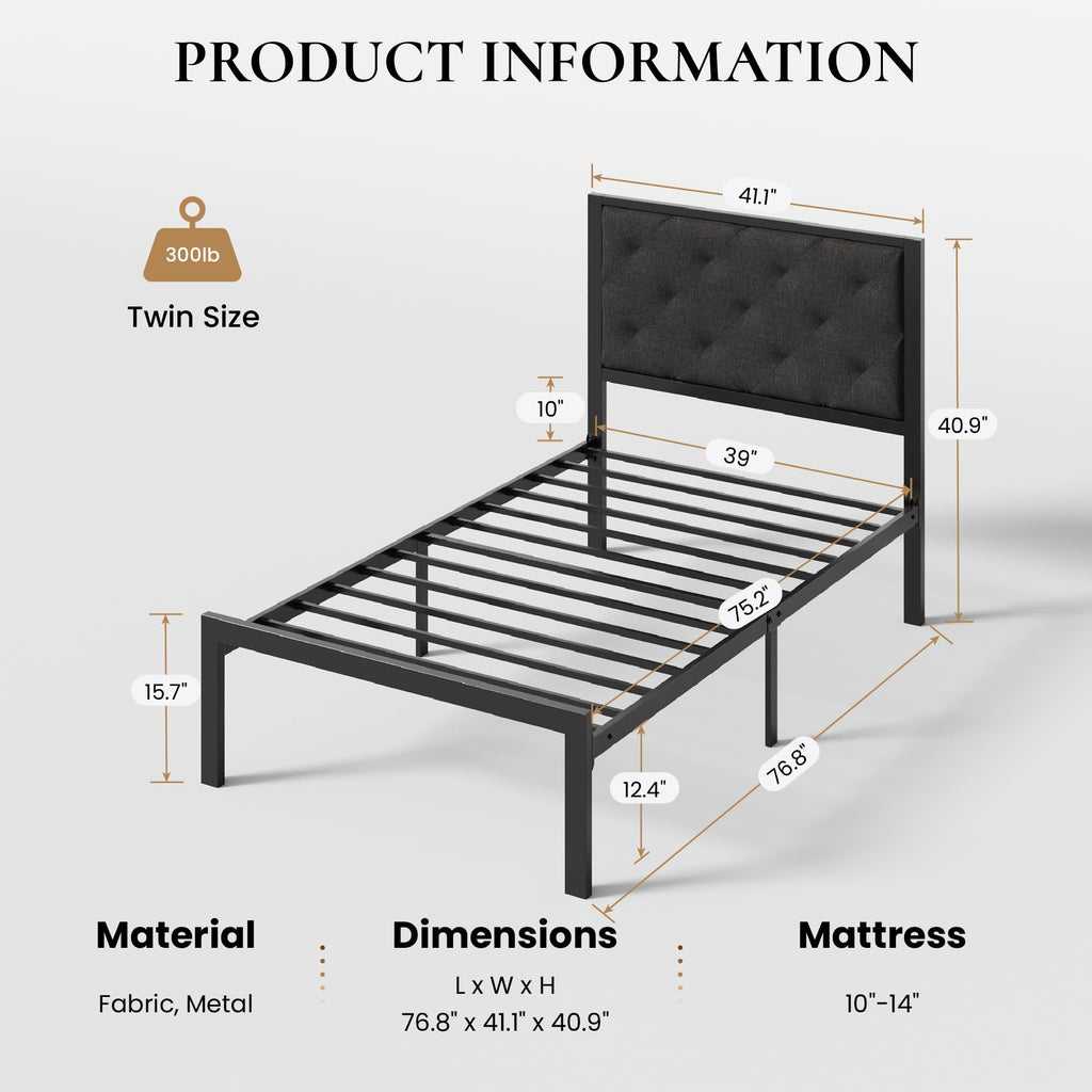 Twin Size Metal Bed Frame with Linen Tufted Headboard K938621