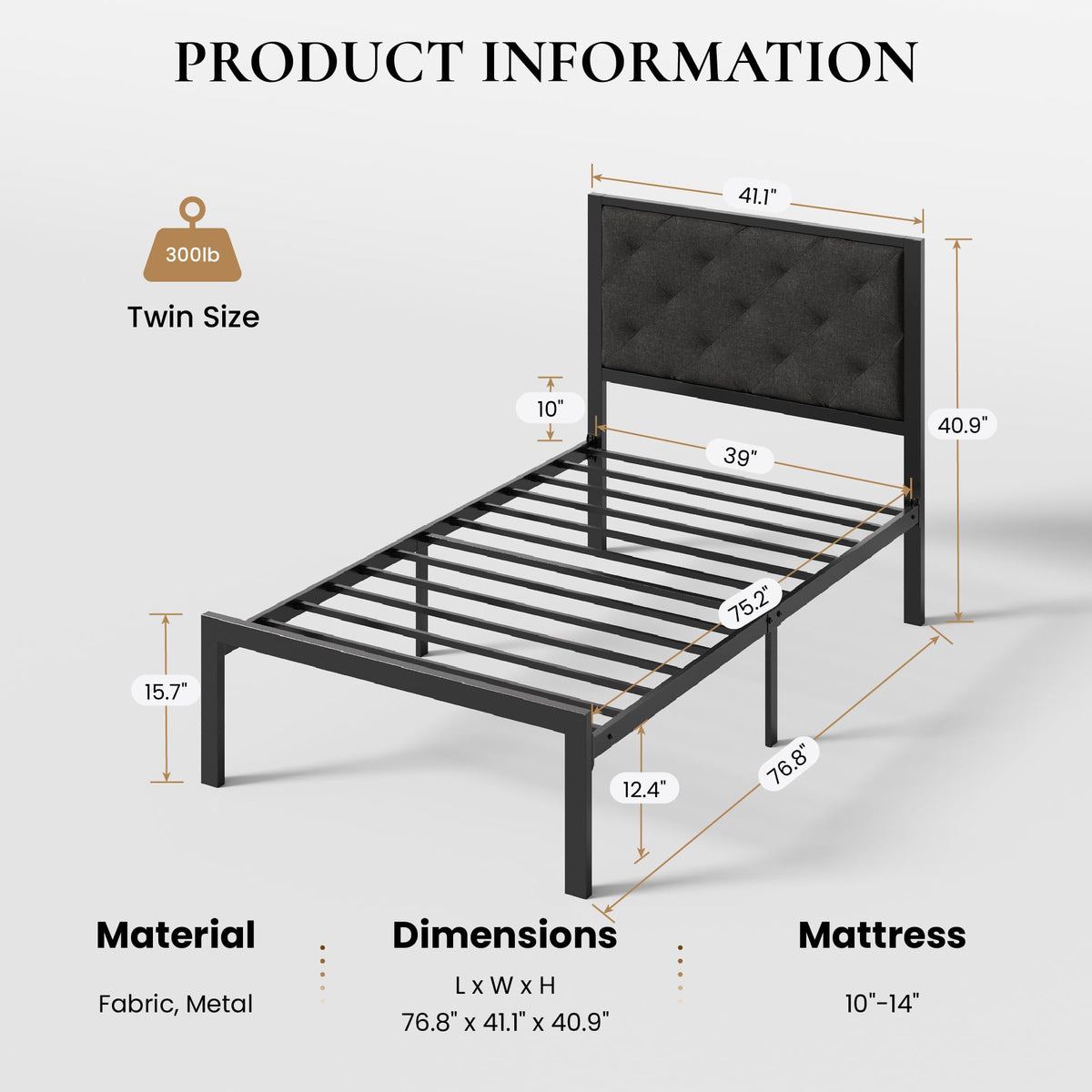 Twin Size Metal Bed Frame with Linen Tufted Headboard K938621