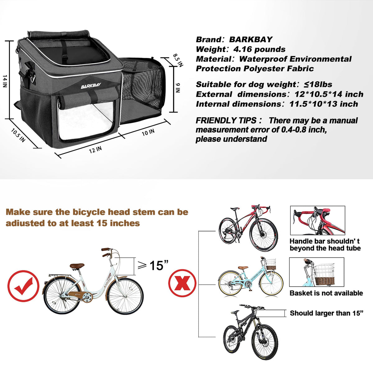 Foldable Soft-Sided Dog Bike Basket Carrier with 2 Open Doors E205429