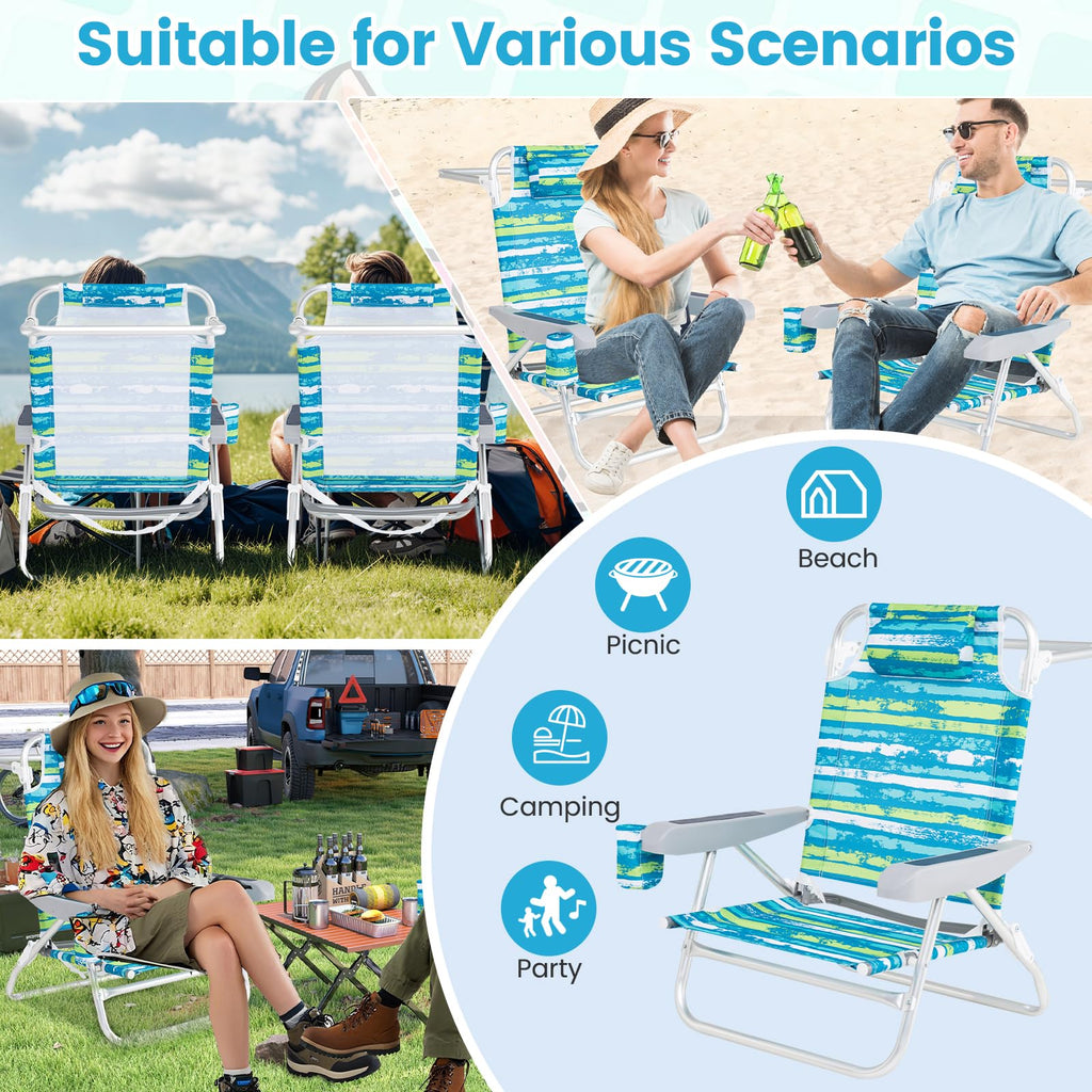 2Pcs Folding Camping Chair with Adjustable Backrest, Cup Holder & Headrest, Green J51574
