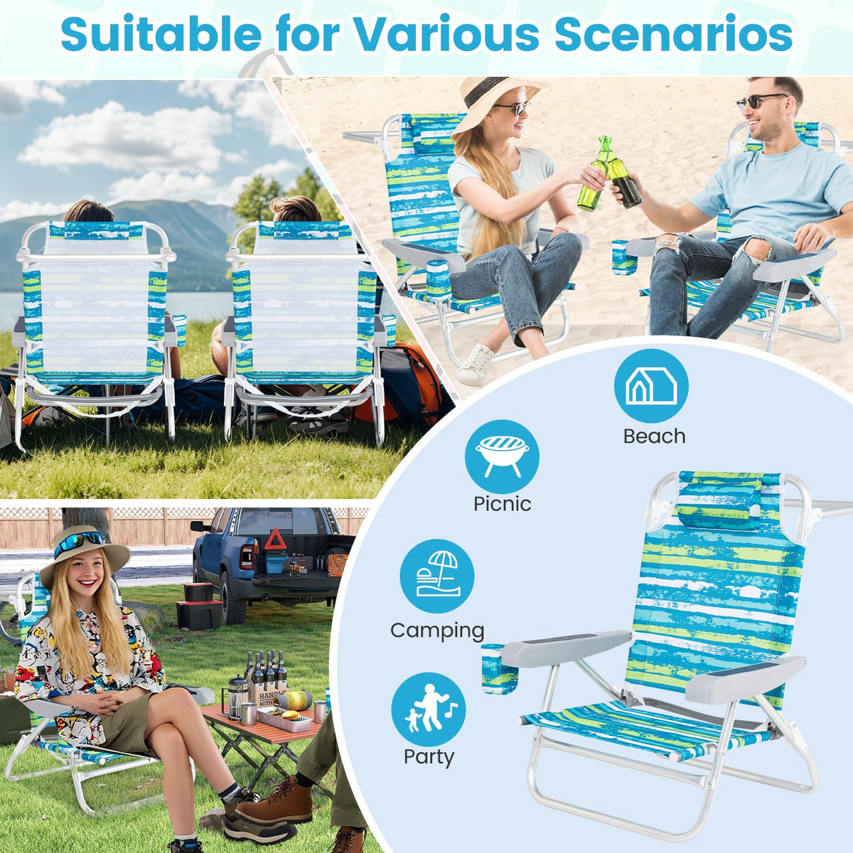 2Pcs Folding Camping Chair with Adjustable Backrest, Cup Holder & Headrest, Green J51574