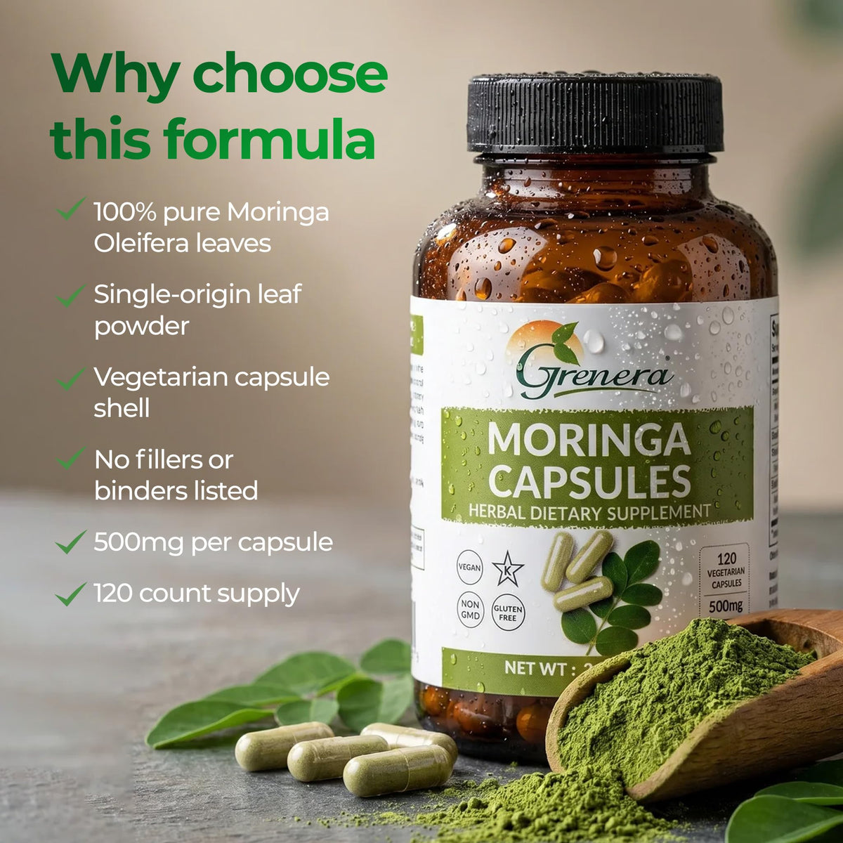 Moringa Capsules 500mg Moringa Oleifera Leaf Powder 120 Count X939009