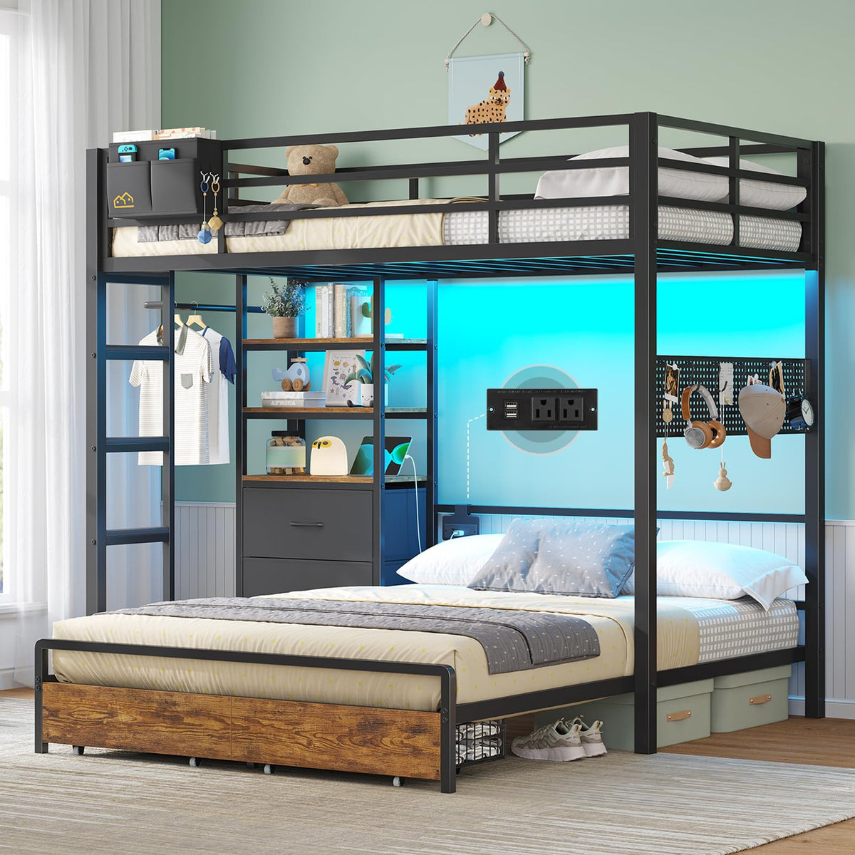 Black Twin Over Full Bunk Bed with Storage Drawers and Bookshelf L8012