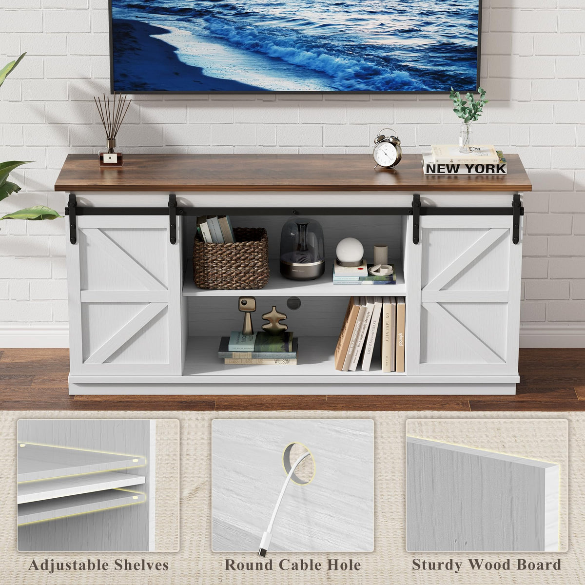 White Farmhouse TV Stand with Sliding Barn Doors O96630