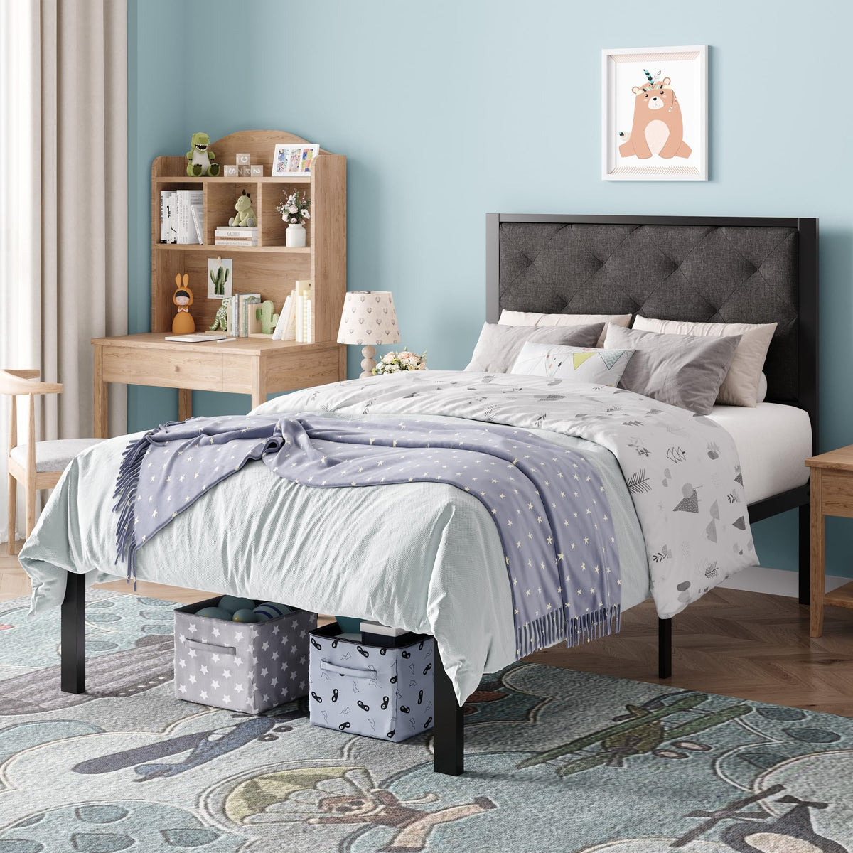 Twin Size Metal Bed Frame with Linen Tufted Headboard K938621
