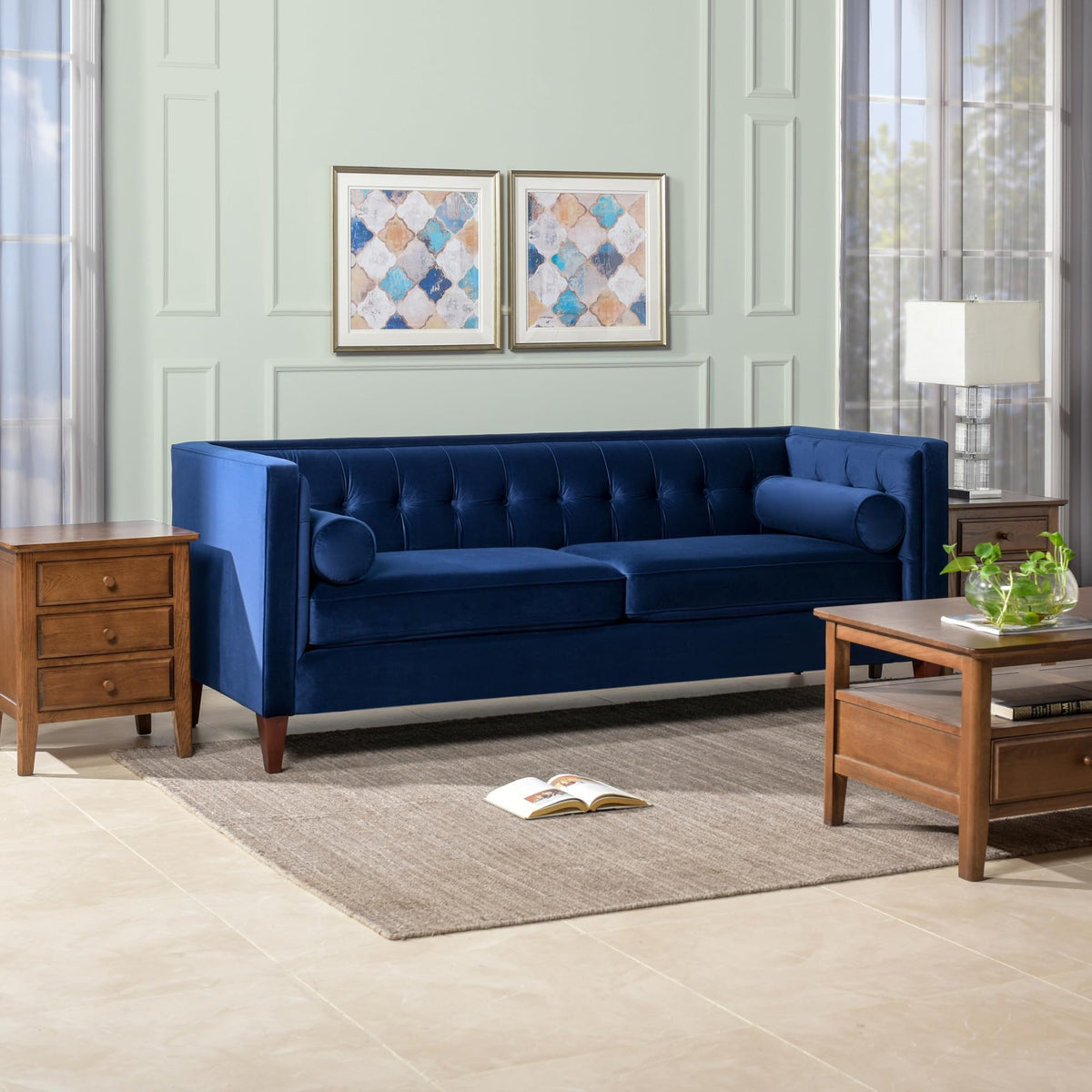 Navy Blue Velvet Tufted Sofa Y79388