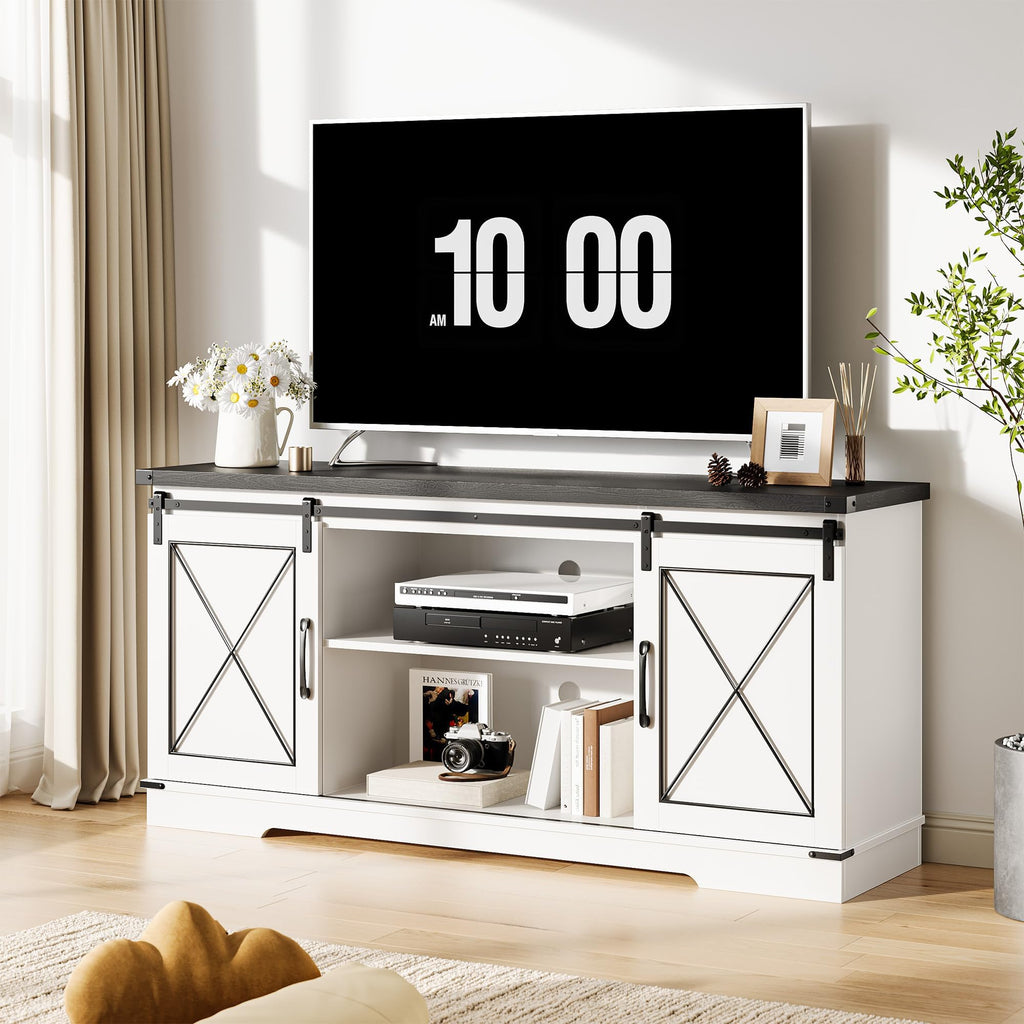 White Farmhouse TV Stand with Sliding Barn Doors V966