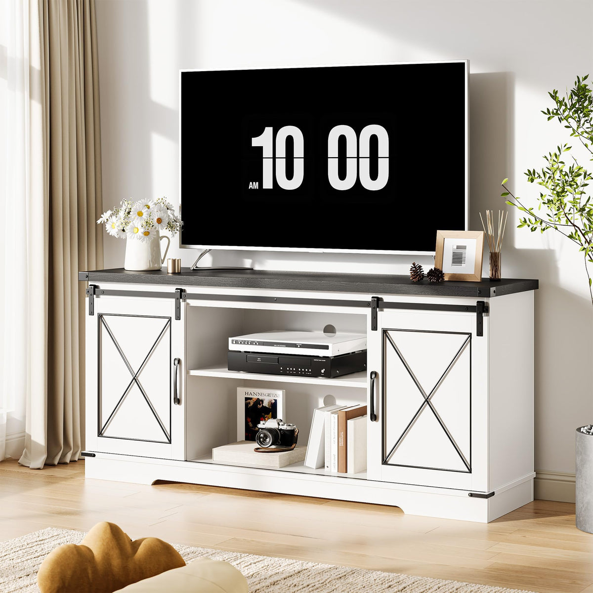 White Farmhouse TV Stand with Sliding Barn Doors V966