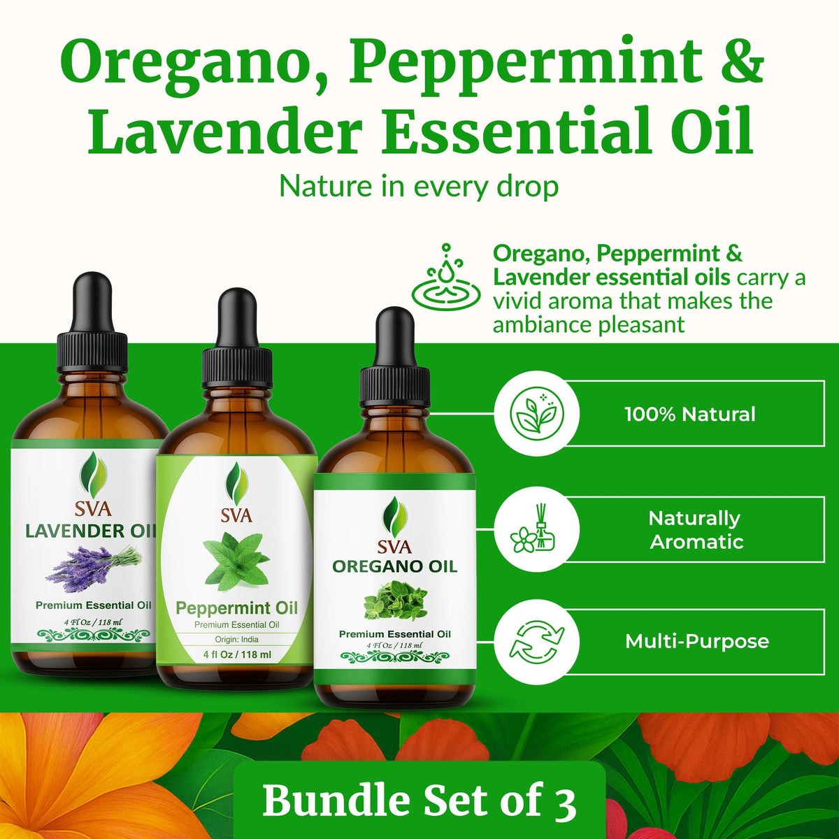 Oregano Aromatic Trio Glass Bottles with Droppers 4 Fl oz V5300