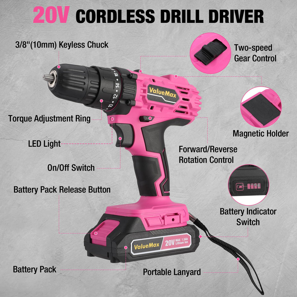 Pink 20V Cordless Drill Set with Battery and Charger Y813