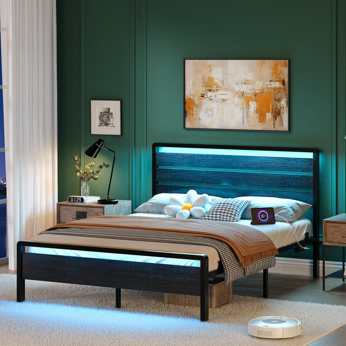 Full Size Metal Platform Bed Frame with LED Headboard and Charging Ports, Black U1842