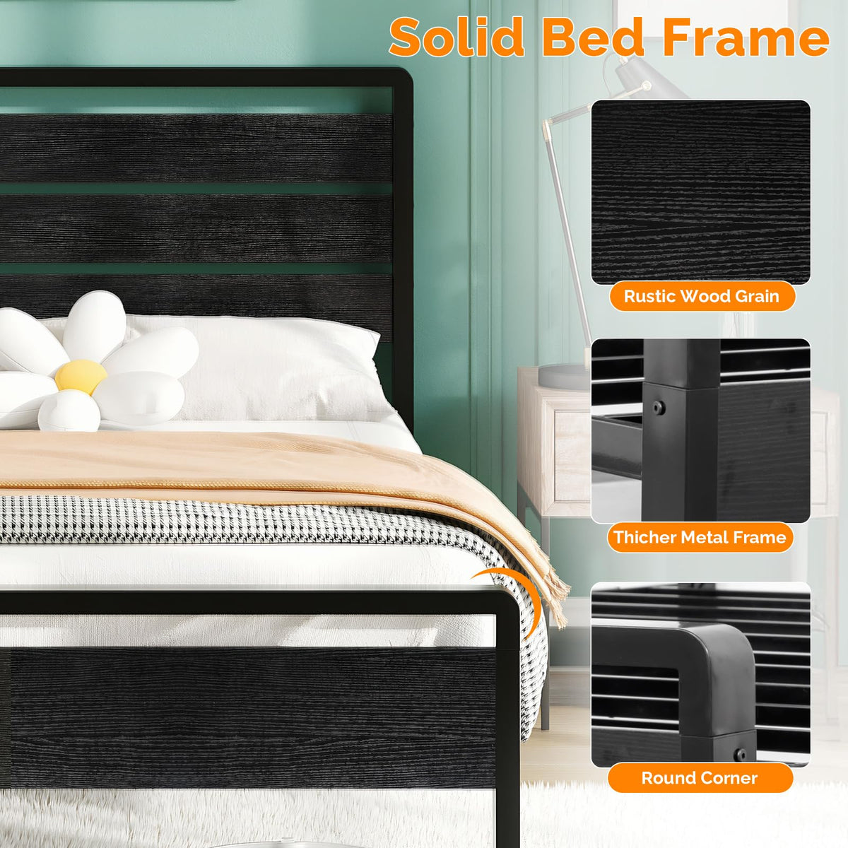 Full Size Metal Platform Bed Frame with LED Headboard and Charging Ports, Black U1842