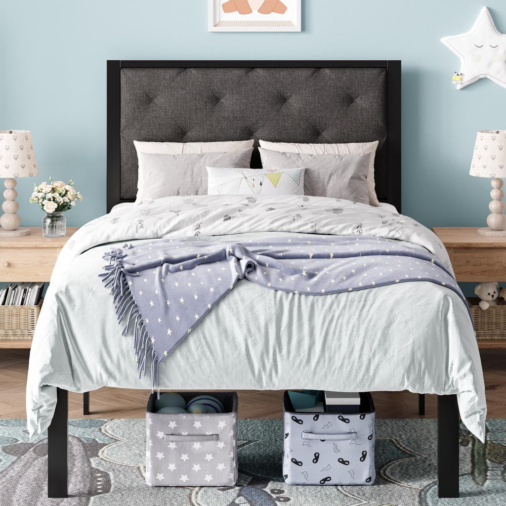 Twin Size Metal Bed Frame with Linen Tufted Headboard K938621