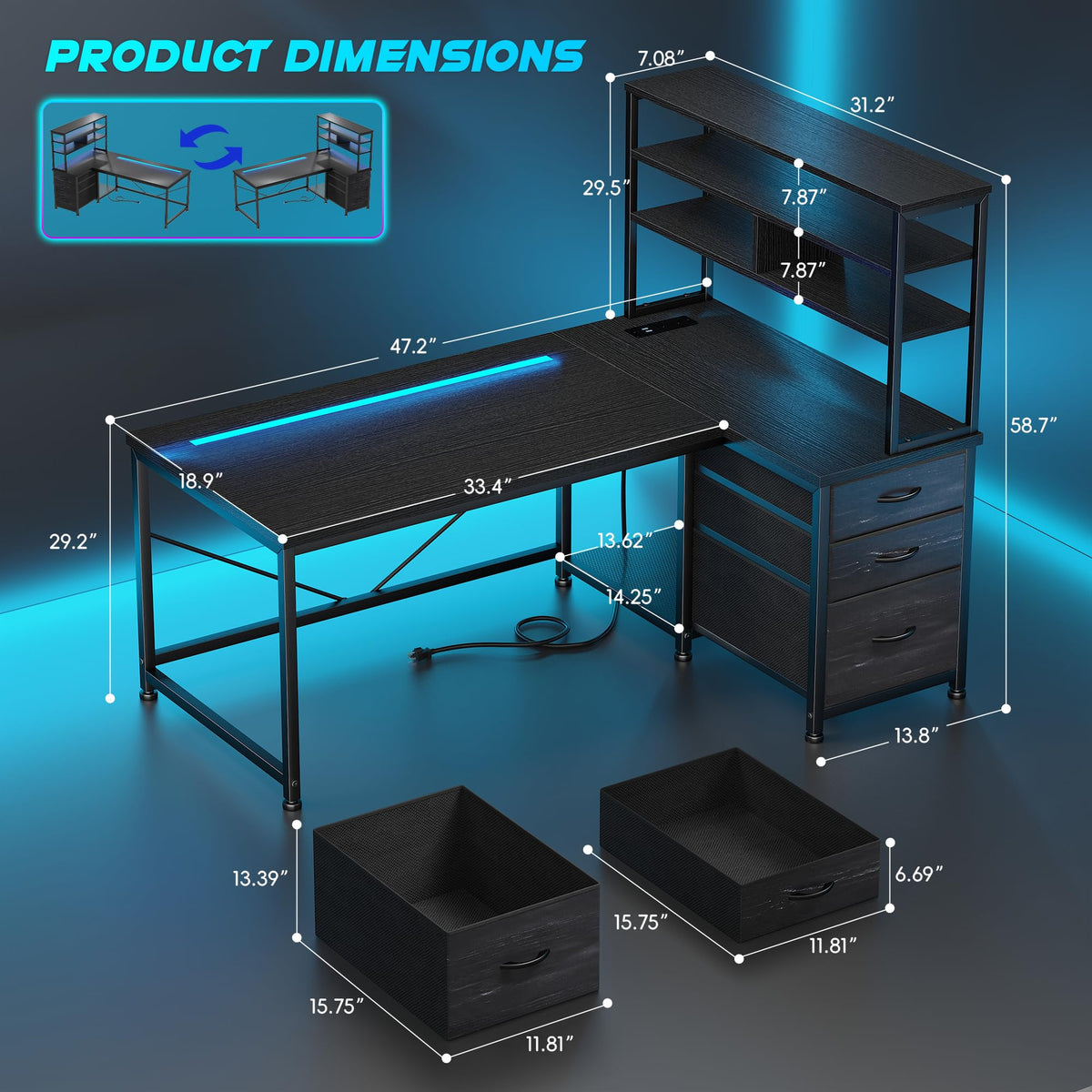 55" L Shaped Gaming Desk with 3 Fabric Drawers & Shelves V8561