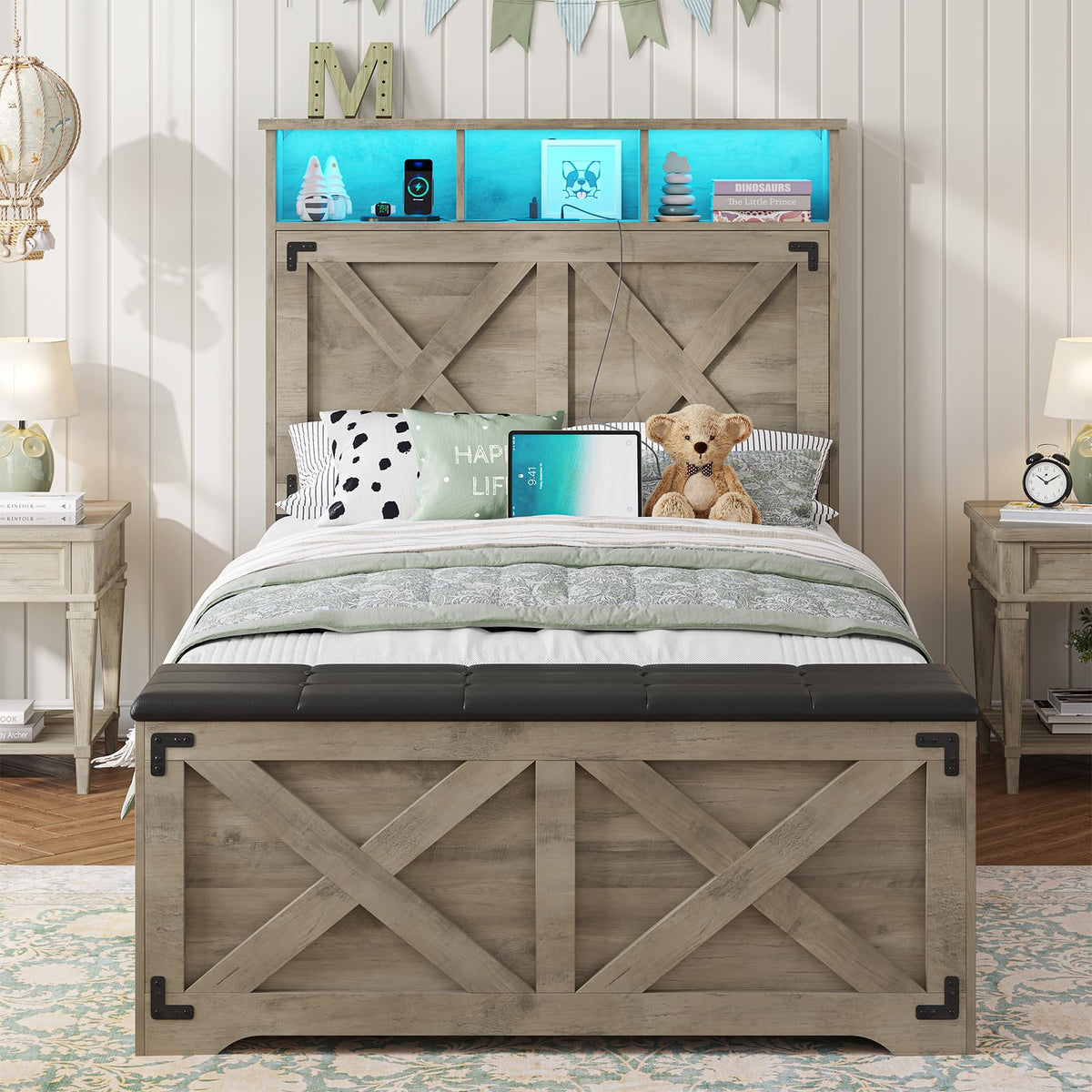 Oak Gray Wood Twin Size Bed Frame with Storage Headboard and Charging Station G498537