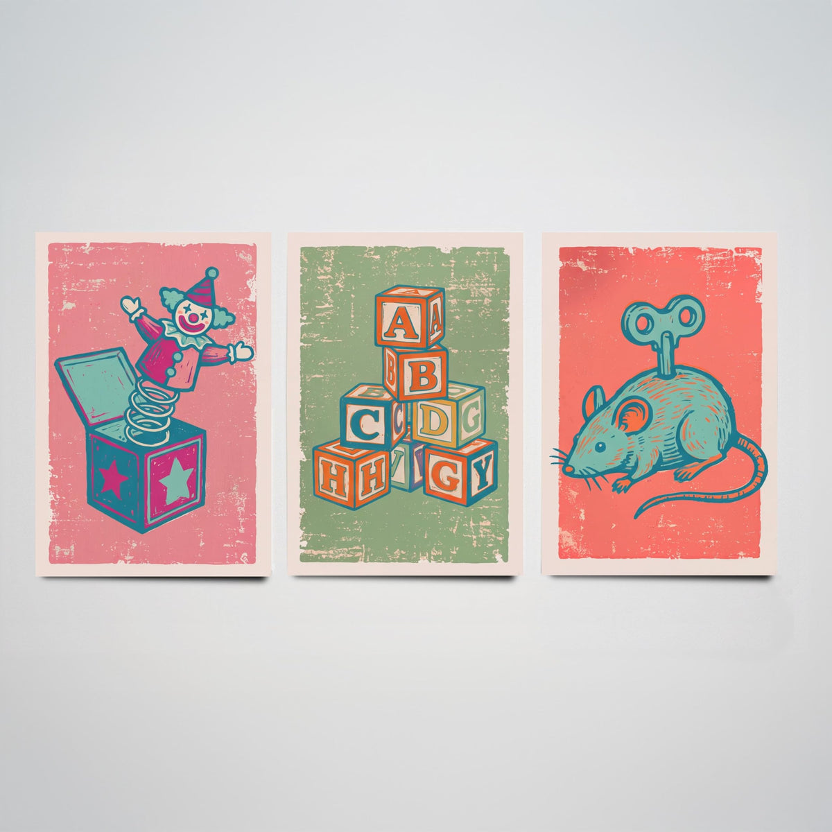Art Prints Set of 3 Retro Linocut Style P489