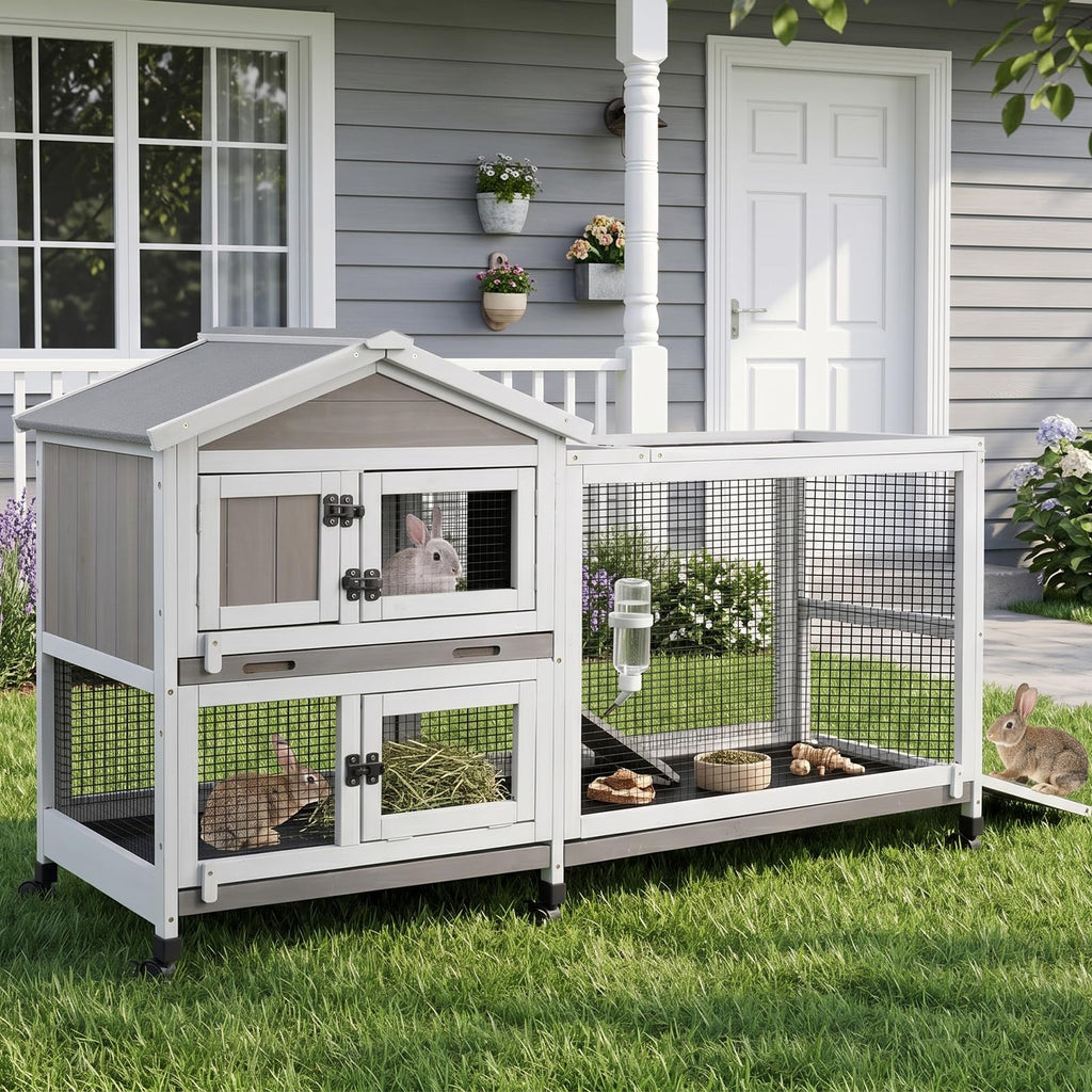 Large Rabbit Hutch with Run 2-Story Bunny Cage 6 Wheels Y228