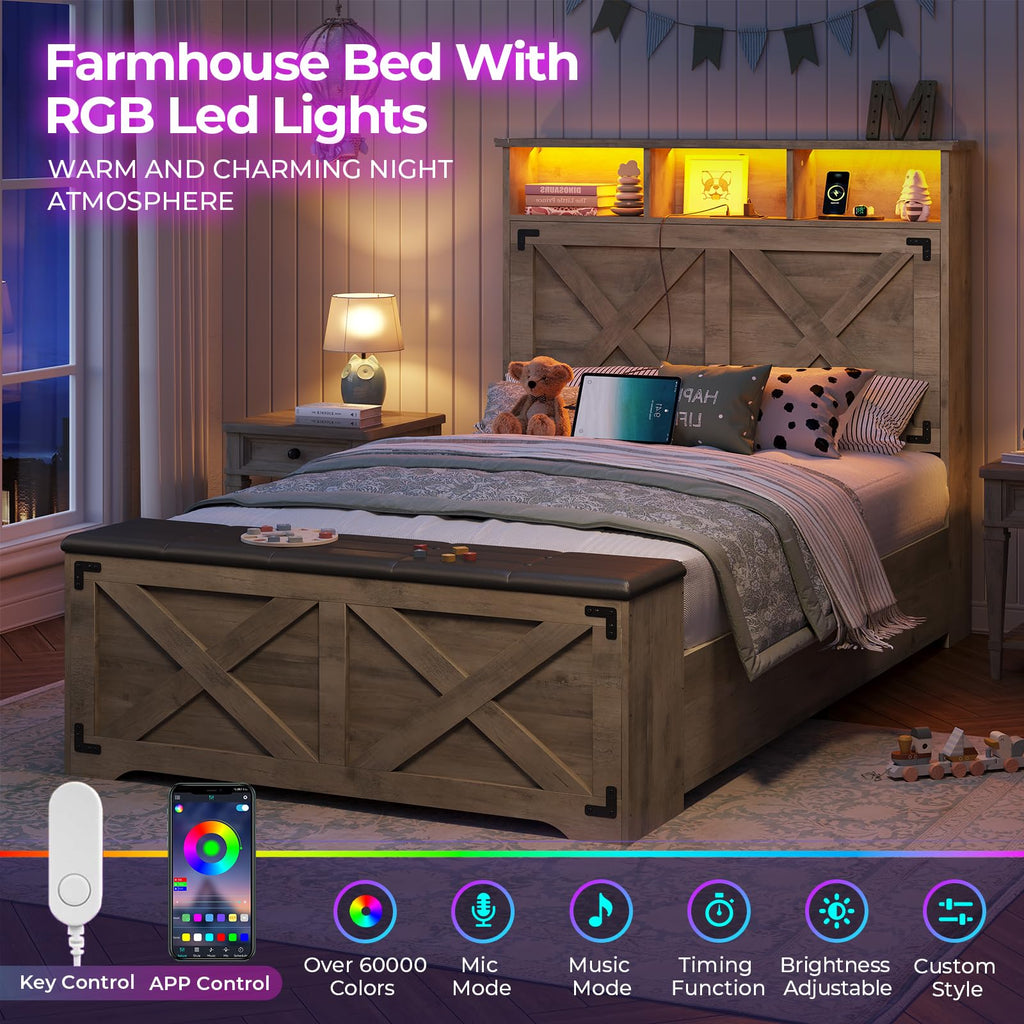 Oak Gray Wood Twin Size Bed Frame with Storage Headboard and Charging Station G498537
