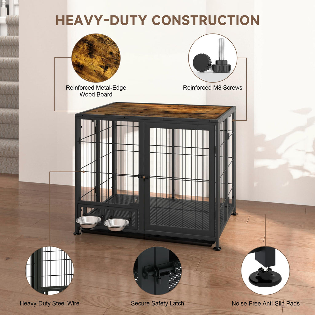 Heavy Duty Foldable Dog Crate with Wheels & Feeding Bowls N788376