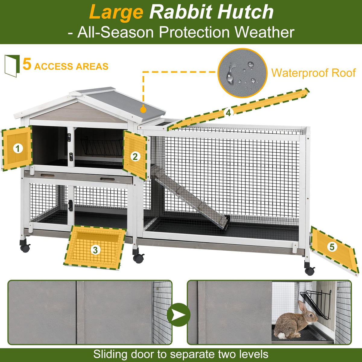 Large Rabbit Hutch with Run 2-Story Bunny Cage 6 Wheels Y228