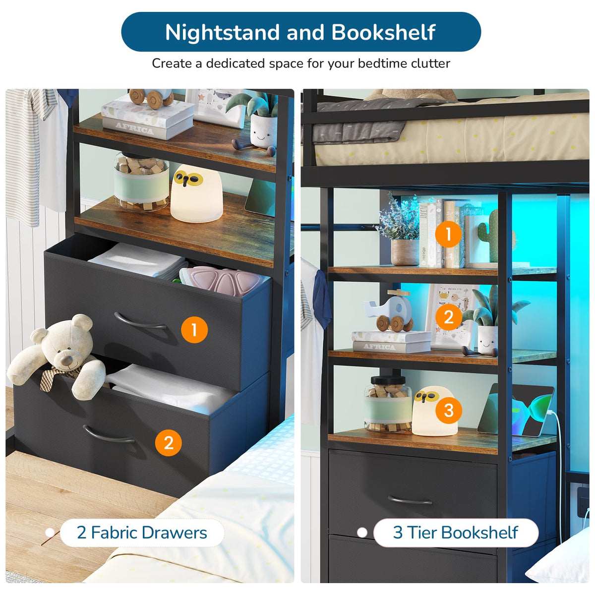 Black Twin Over Full Bunk Bed with Storage Drawers and Bookshelf L8012