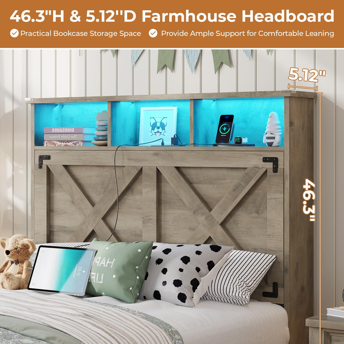 Oak Gray Wood Twin Size Bed Frame with Storage Headboard and Charging Station G498537