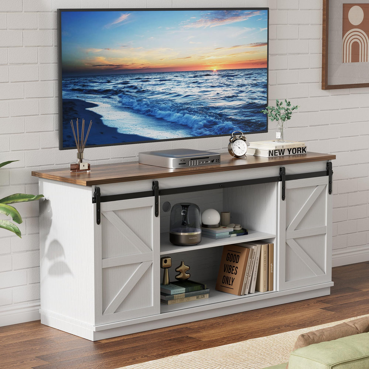White Farmhouse TV Stand with Sliding Barn Doors O96630