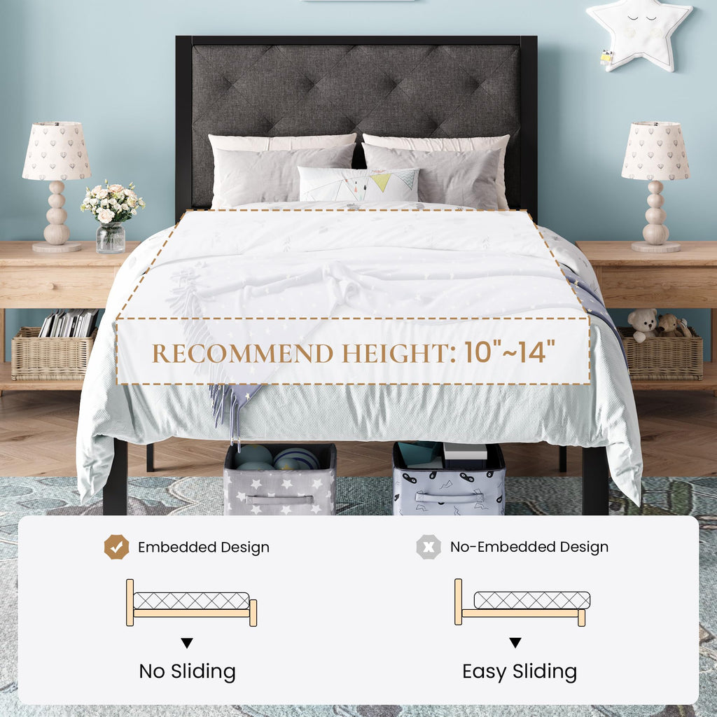 Twin Size Metal Bed Frame with Linen Tufted Headboard K938621