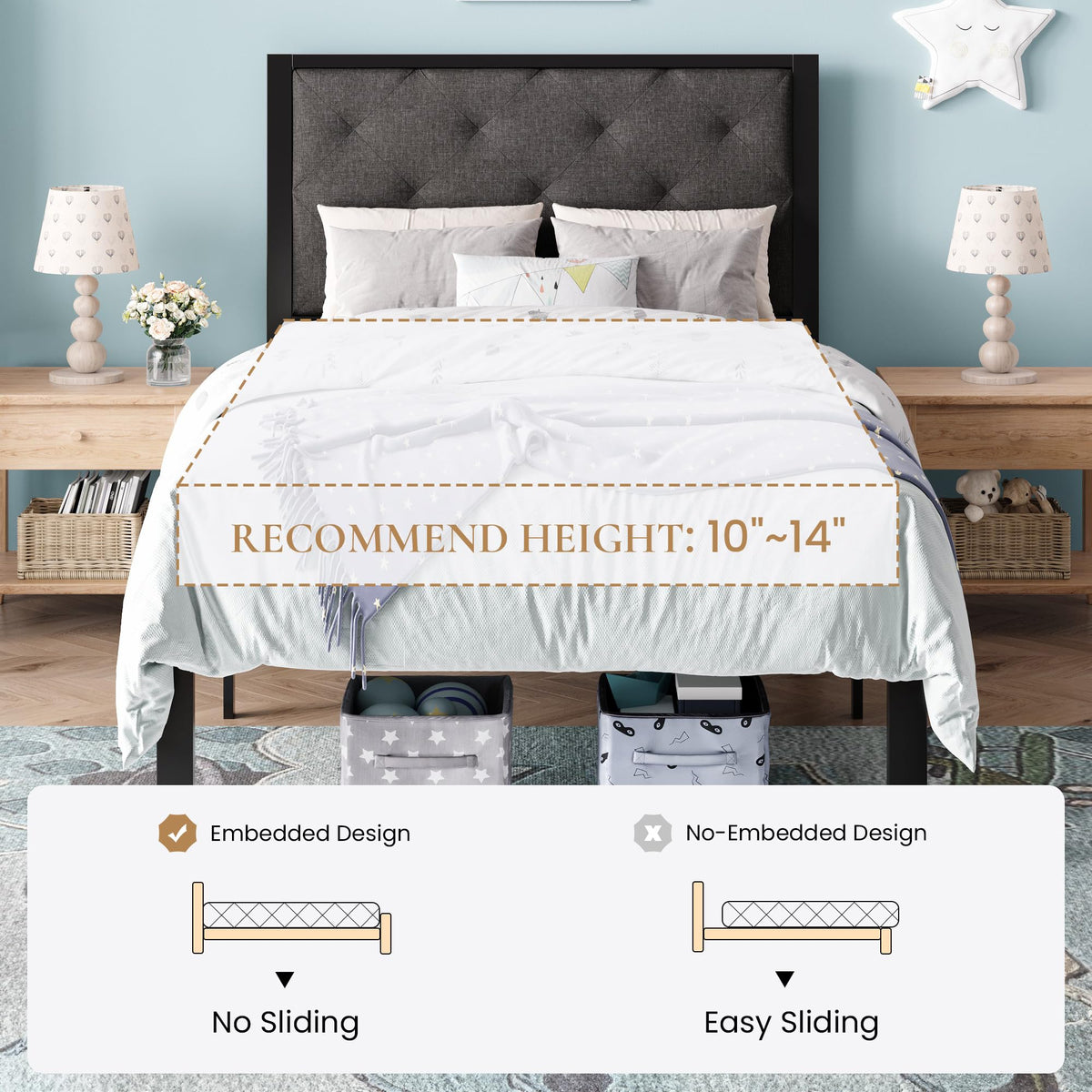 Twin Size Metal Bed Frame with Linen Tufted Headboard K938621