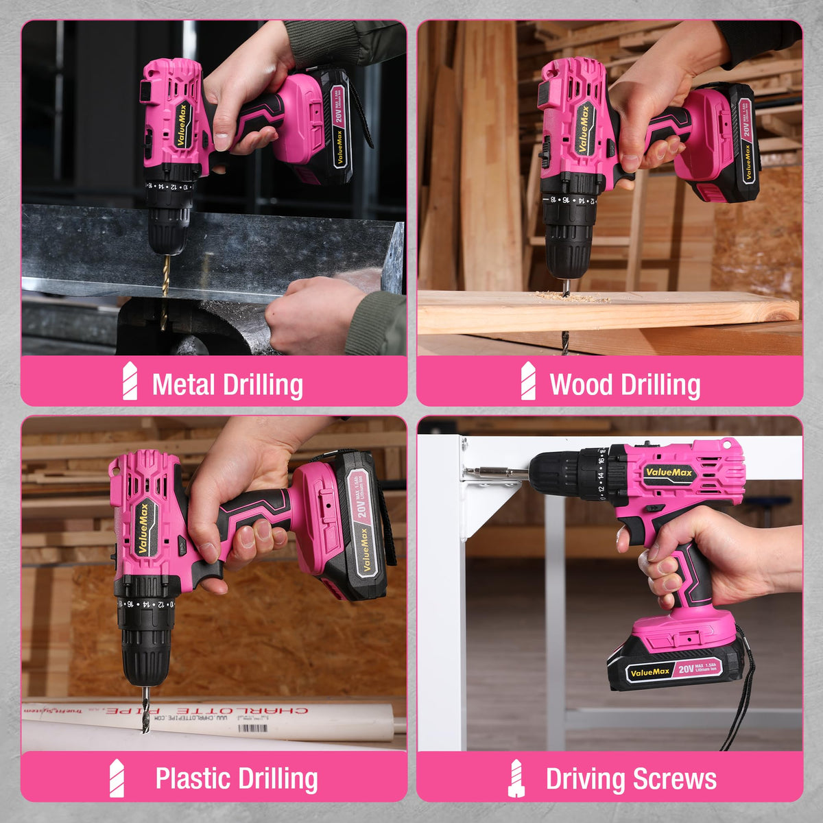 Pink 20V Cordless Drill Set with Battery and Charger Y813