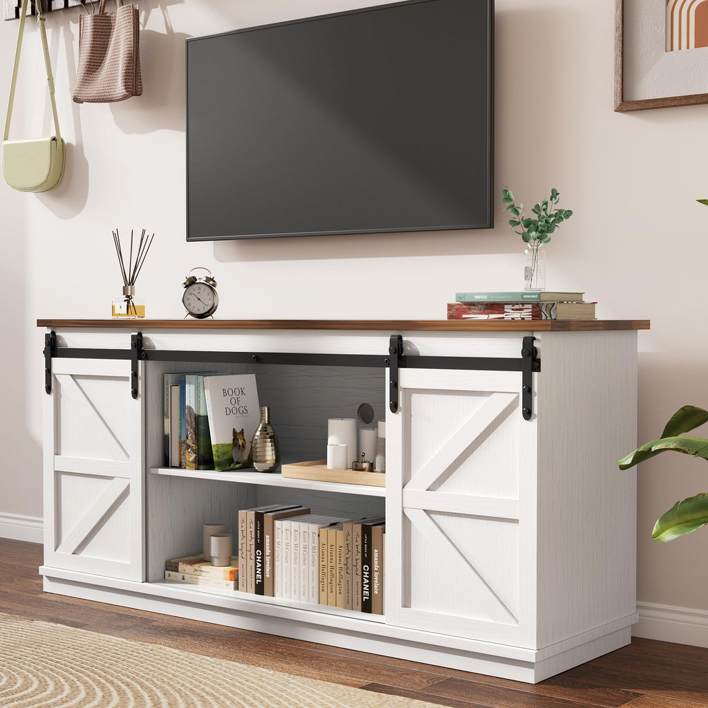 White Farmhouse TV Stand with Sliding Barn Doors O96630