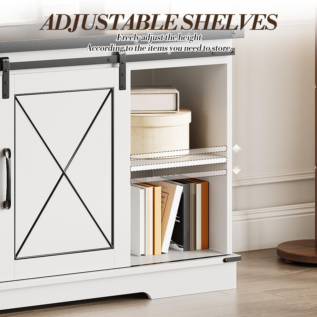 White Farmhouse TV Stand with Sliding Barn Doors V966