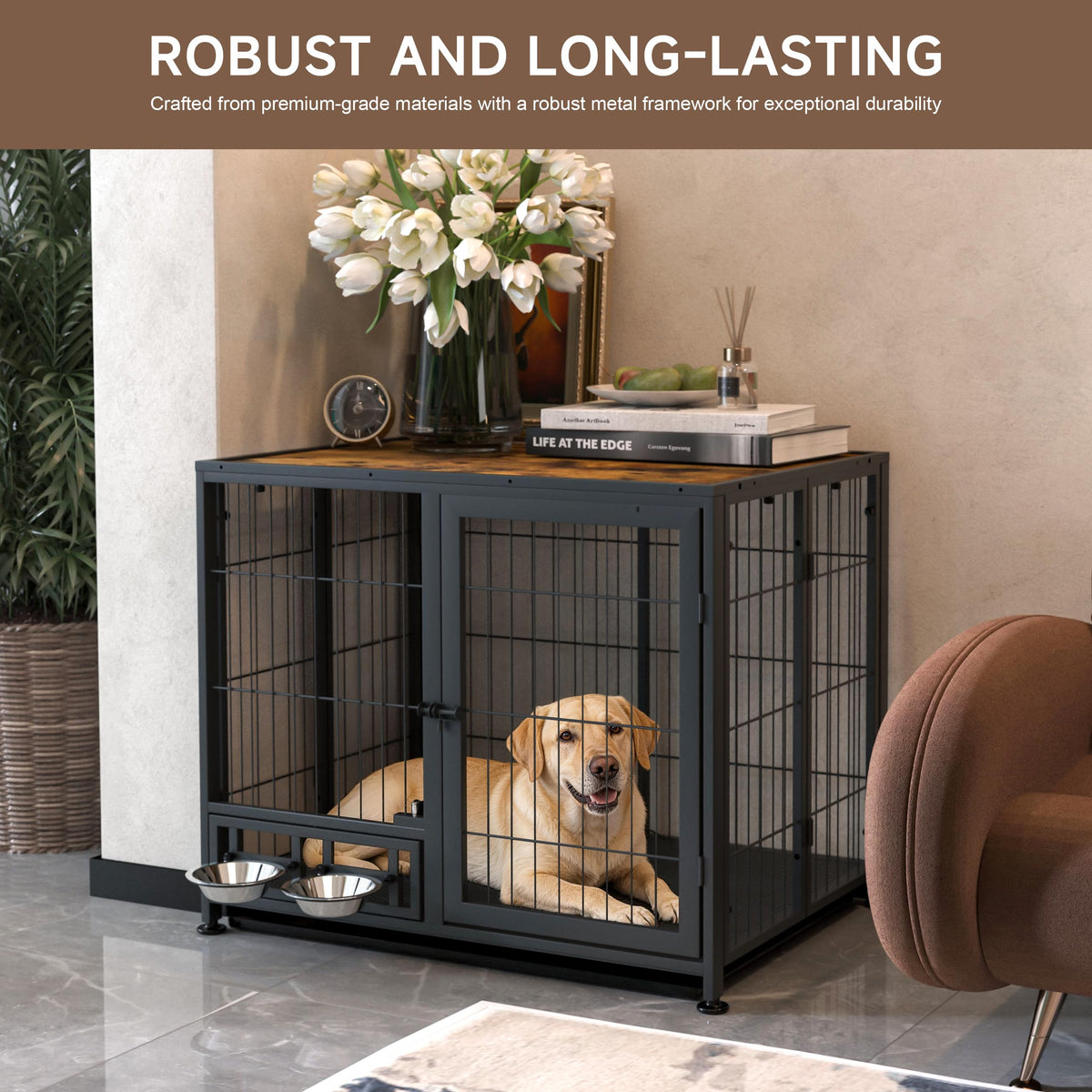 Heavy Duty Foldable Dog Crate with Wheels & Feeding Bowls N788376