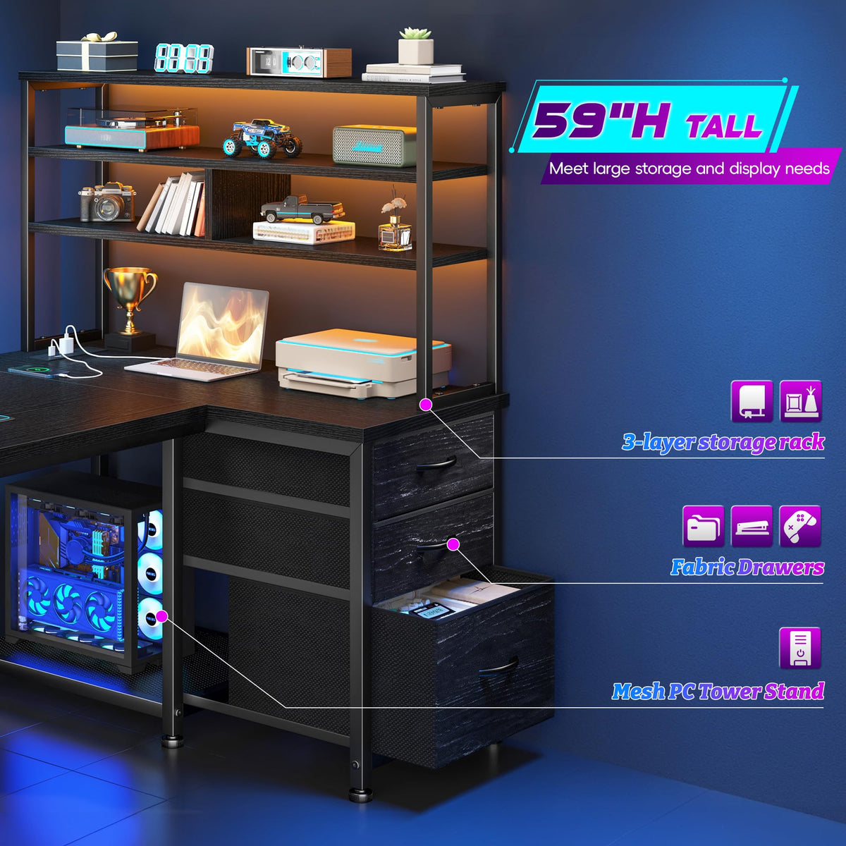 55" L Shaped Gaming Desk with 3 Fabric Drawers & Shelves V8561