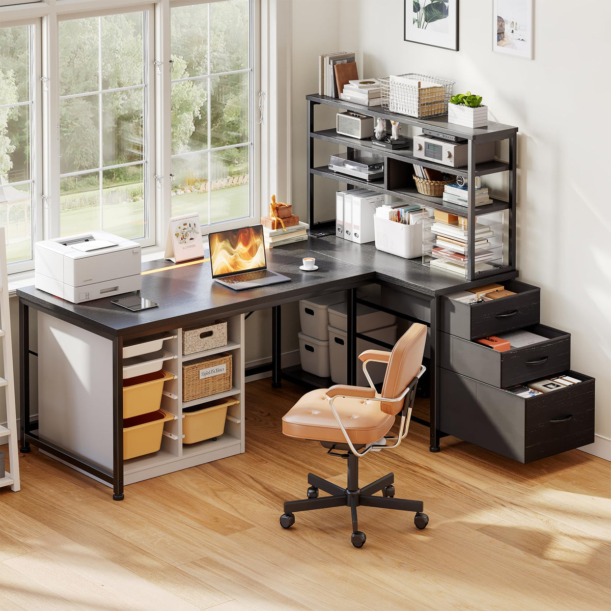 55" L Shaped Gaming Desk with 3 Fabric Drawers & Shelves V8561