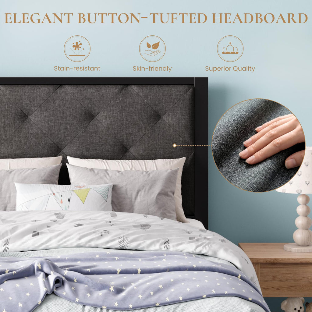 Twin Size Metal Bed Frame with Linen Tufted Headboard K938621