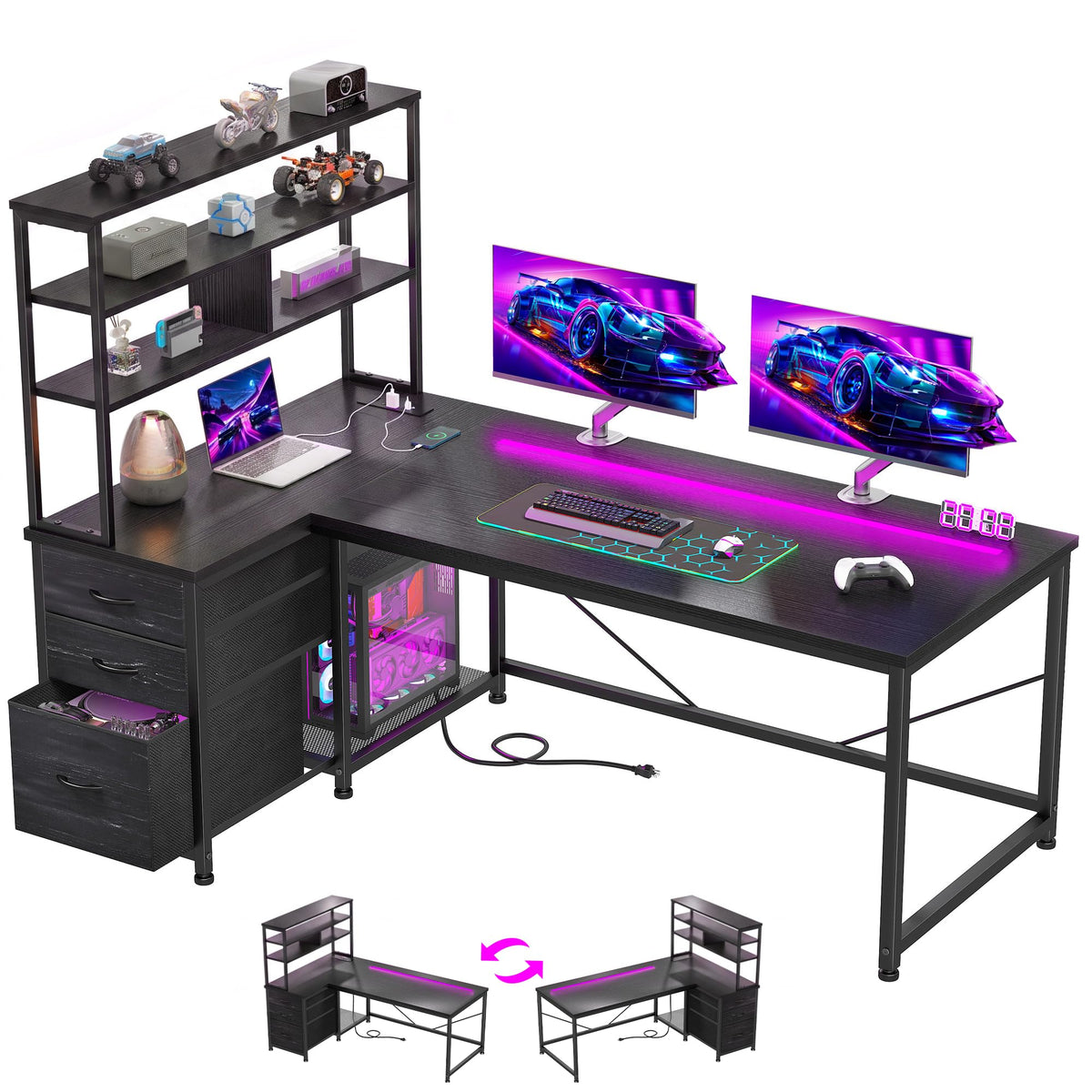 55" L Shaped Gaming Desk with 3 Fabric Drawers & Shelves V8561