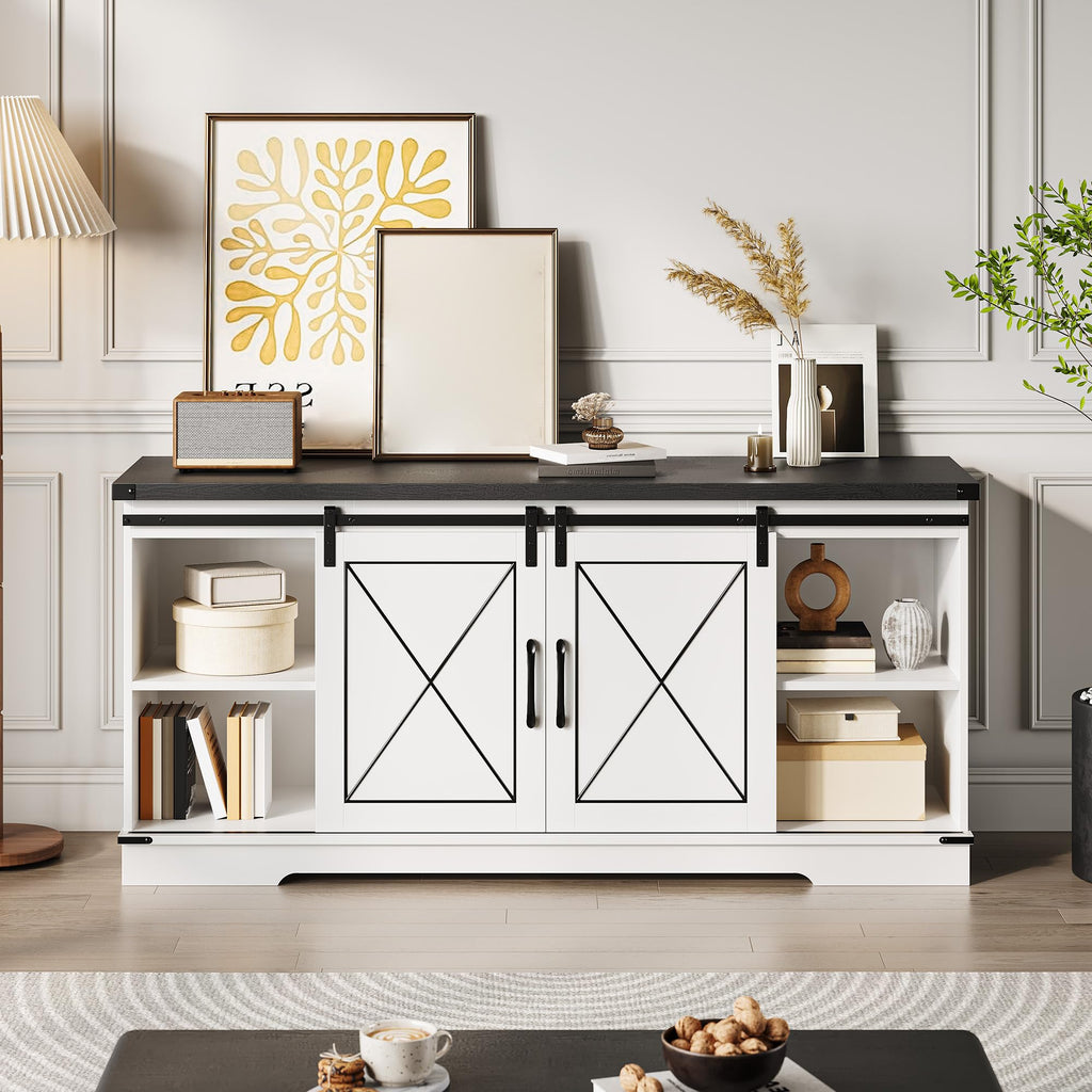 White Farmhouse TV Stand with Sliding Barn Doors V966