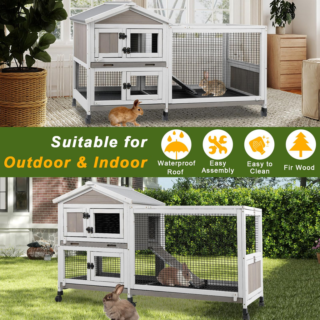 Large Rabbit Hutch with Run 2-Story Bunny Cage 6 Wheels Y228