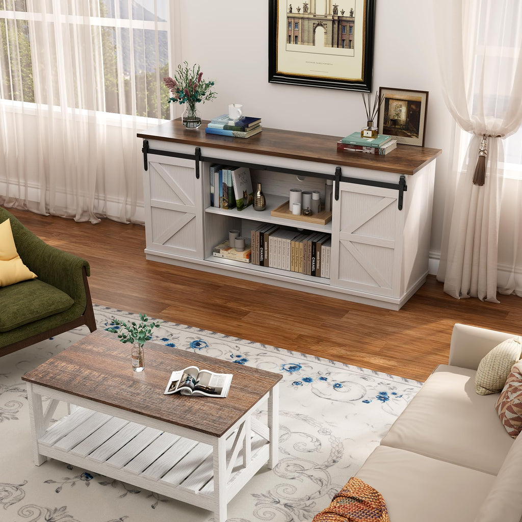 White Farmhouse TV Stand with Sliding Barn Doors O96630