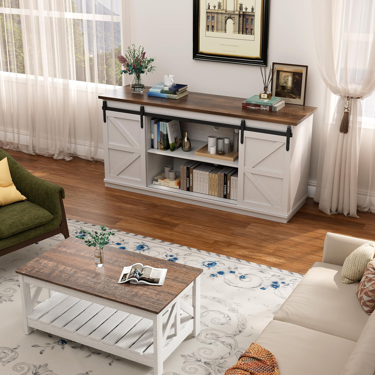 White Farmhouse TV Stand with Sliding Barn Doors O96630