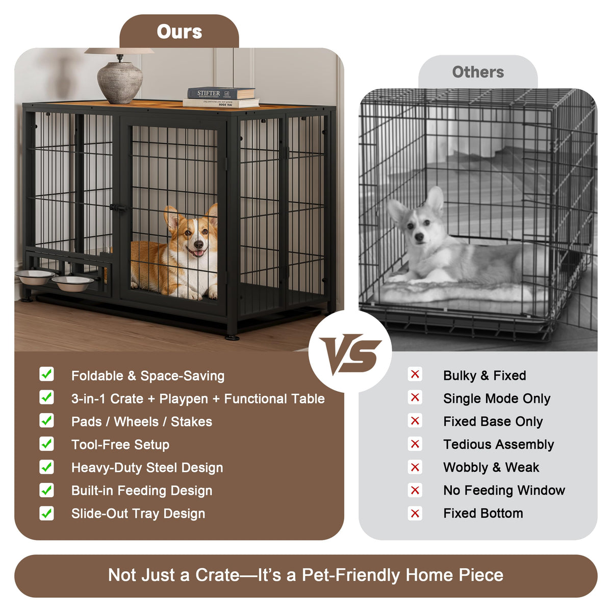 Heavy Duty Foldable Dog Crate with Wheels & Feeding Bowls N788376
