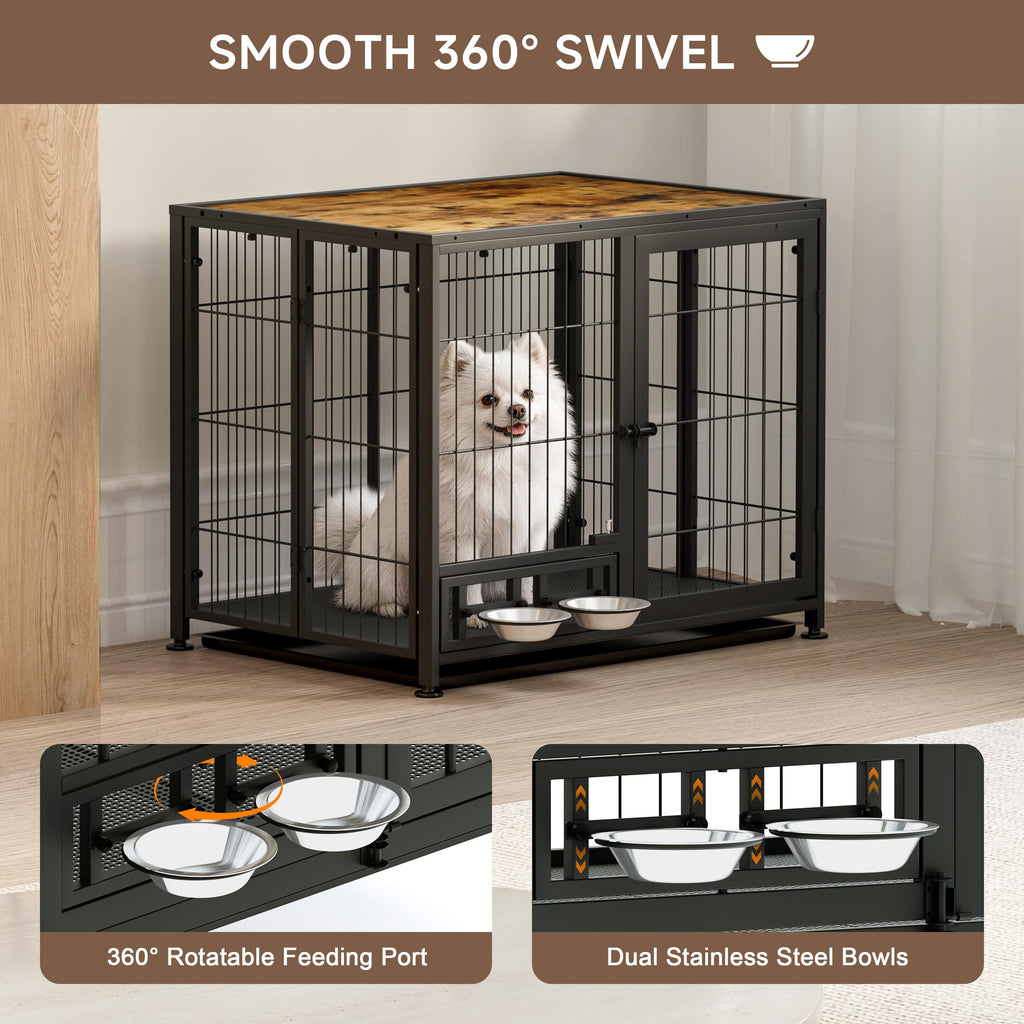 Heavy Duty Foldable Dog Crate with Wheels & Feeding Bowls N788376