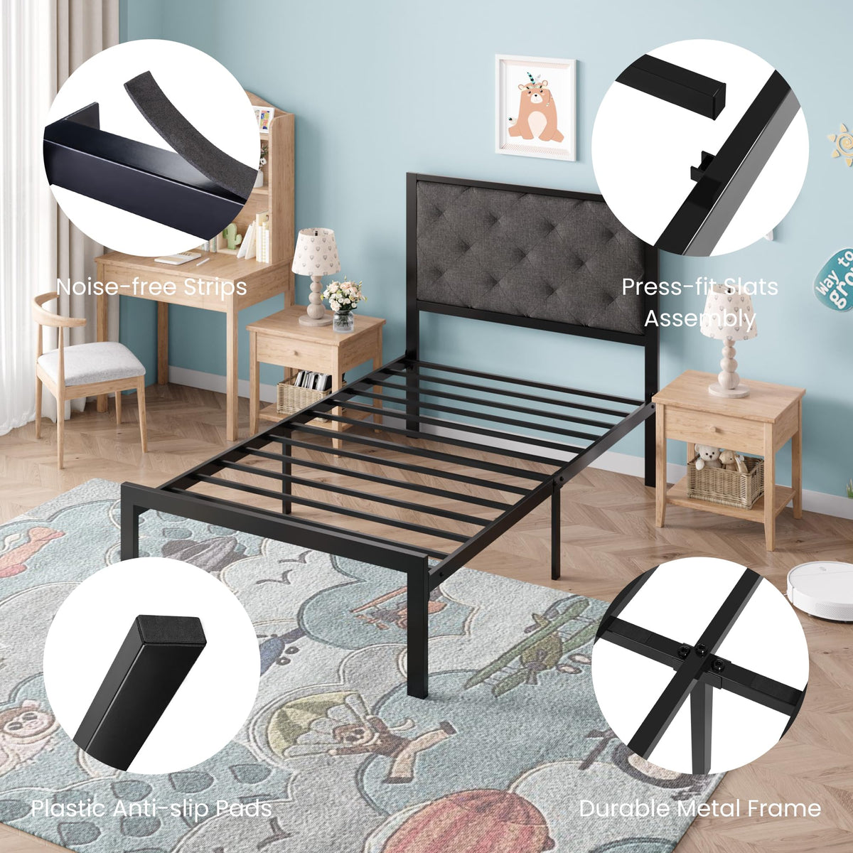 Twin Size Metal Bed Frame with Linen Tufted Headboard K938621