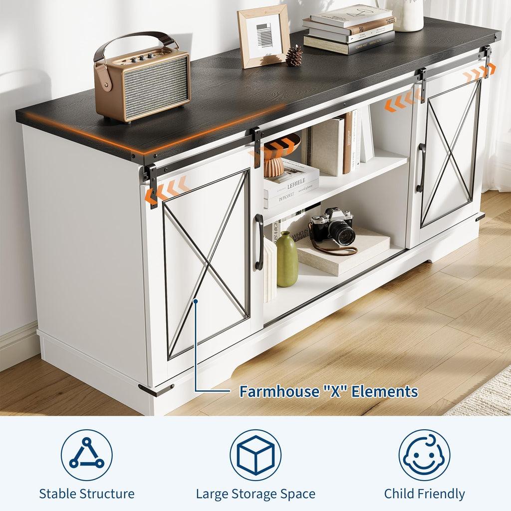 White Farmhouse TV Stand with Sliding Barn Doors V966