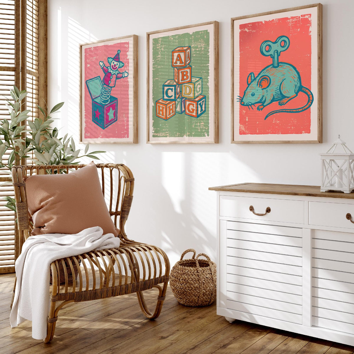 Art Prints Set of 3 Retro Linocut Style P489