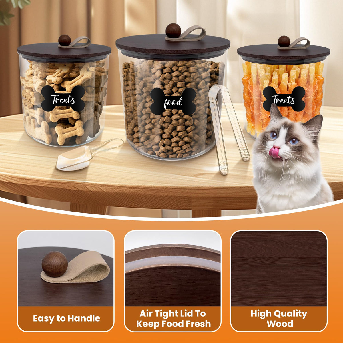 3 Pack Airtight Dog Treat Containers with Bamboo Lids A211304
